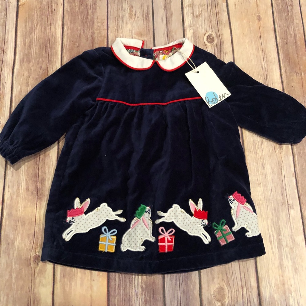 Mini Boden Navy Dress with Bunny Appliqué